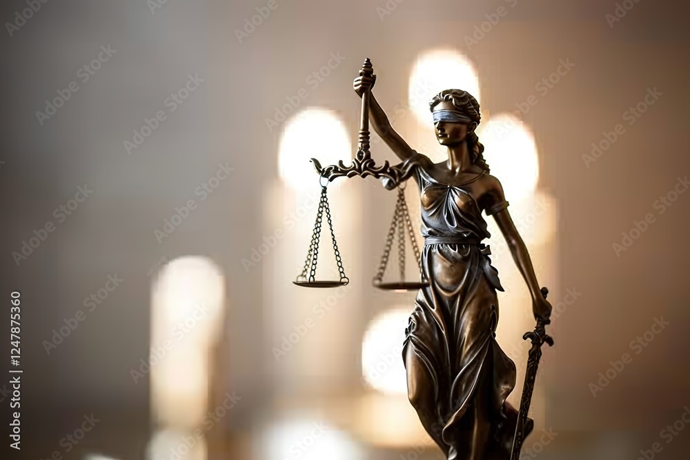 Statue of justice Goddess Themis on blurred background. Symbol of law. With copy space. Statue of justice Goddess Themis on blurred background. Symbol of law. With copy space.