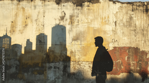 A traveler’s shadow cast on a wall, with a city skyline or rural landscape behind.