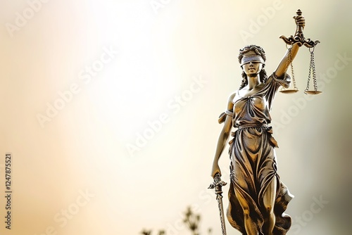 Statue of justice Goddess Themis on blurred background. Symbol of law. With copy space.