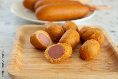 Sticker A view of a plate of mini corn dogs.