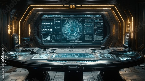 Fototapeta Naklejka Na Ścianę i Meble -  Futuristic spaceship control room, data analysis, glowing displays, dark background, sci-fi film
