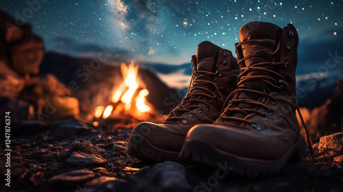 A traveler's worn hiking boots beside a campfire, under a starry night sky.
