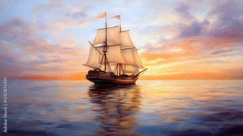 Tall ship sailing across the ocean at sunset beautifully painted Tall ship sailing across the ocean at sunset beautifully painted