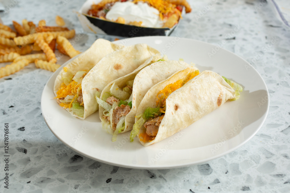 A view of a plate of three soft tacos. A view of a plate of three soft tacos.
