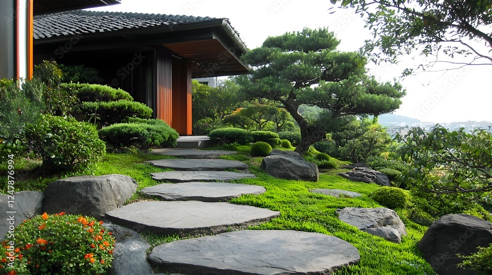 Minimalist Front Yard Landscape with Stone Path and Neatly Trimmed Bonsai Trees in a Peaceful Zen Inspired Garden Setting Minimalist Front Yard Landscape with Stone Path and Neatly Trimmed Bonsai Trees in a Peaceful Zen Inspired Garden Setting