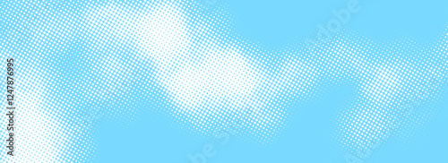Halftone cloud background. White dotted clouds in blue sky. Comic pop art heaven wallpaper for banner, brochure, collage, poster, leaflet. Rasterized smoke, smog or fog texture. Vector illustration