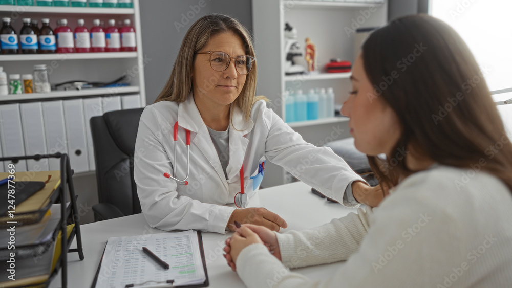 Obraz premium Woman doctor consulting woman patient in hospital room, highlighting professional medical care in a clinical interior with focus on health support and communication.
