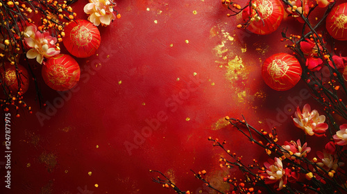 New Year wallpaper, red background and gold, the middle of the picture is red, the picture is surrounded by a few small red lanterns, a few small flowers, red and yellow, Chinese style