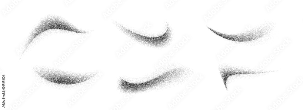 Stippled curved brush stroke set. Wavy grainy spray element collection. Black flowing sand splash pack. Dotted noise gradient shade bundle. Splattered dust particle textured waves. Vector