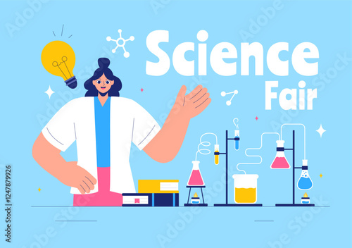 Science Fair Vector Illustration featuring a Chemist Conducting Chemical Experiments for Scientific Analysis, Data Collection, Research and Survey