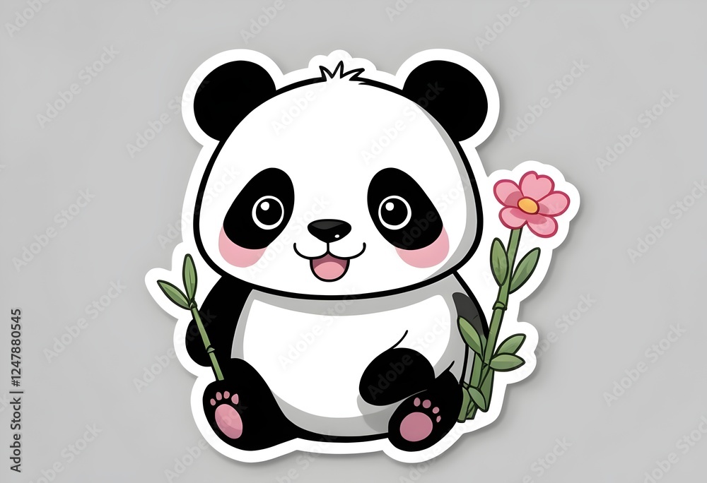 Naklejka premium Cute panda sticker with flower and bamboo for decoration and crafting. Generative AI