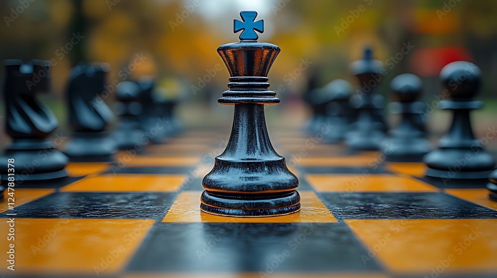 Black king chess piece autumn park strategy game Black king chess piece autumn park strategy game