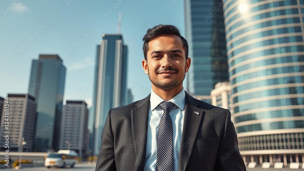 Arab businessman in suit standing confidently in modern downtown area with skyscrapers in background, representing urban entrepreneurship and executive lifestyle, urban, entrepreneurship, suit Arab businessman in suit standing confidently in modern downtown area with skyscrapers in background, representing urban entrepreneurship and executive lifestyle, urban, entrepreneurship, suit