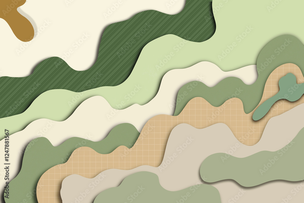 Abstract green beige tone of paper cut textures styles on digital art design overlapping organic curved wave line on digital art background. Perfect for branding, digital artwork, home decor etc., Abstract green beige tone of paper cut textures styles on digital art design overlapping organic curved wave line on digital art background. Perfect for branding, digital artwork, home decor etc.,