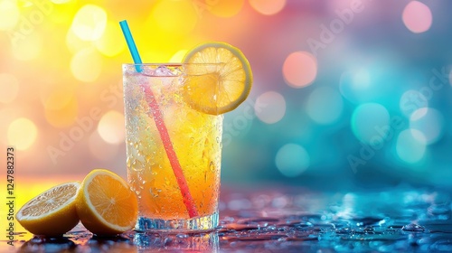A refreshing lemonade drink in a glass, garnished with lemon slices and a straw, set against a colorful, bokeh background.