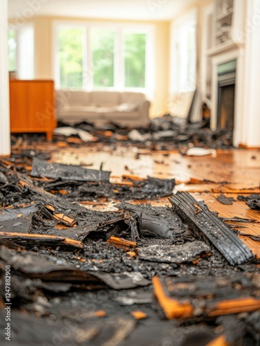 A charred floor covered in burnt debris, indicating extensive fire damage in a previously cozy room filled with natural light.