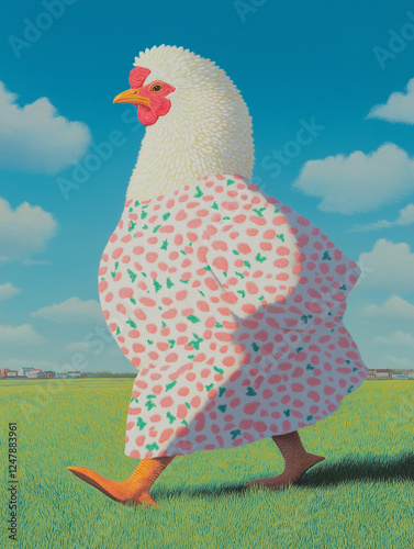Whimsical illustration of a chicken wearing a strawberry-patterned dress, strolling through a grassy field under a bright blue sky