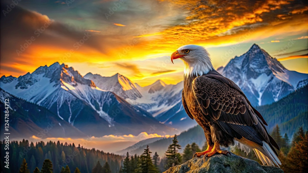 Fototapeta premium Majestic Bald Eagle Mountain Range Wildlife Photography, American Eagle Bird of Prey, Nature Scene, Wilderness Backdrop