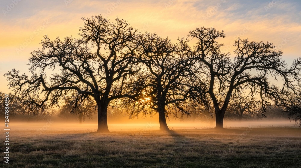 Golden Sunrise over Foggy Field with Majestic Oak Trees Golden Sunrise over Foggy Field with Majestic Oak Trees