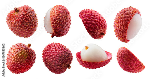 Fresh Lychee Fruits in Various Stages of Peeling and Opening, isolated on transparent background