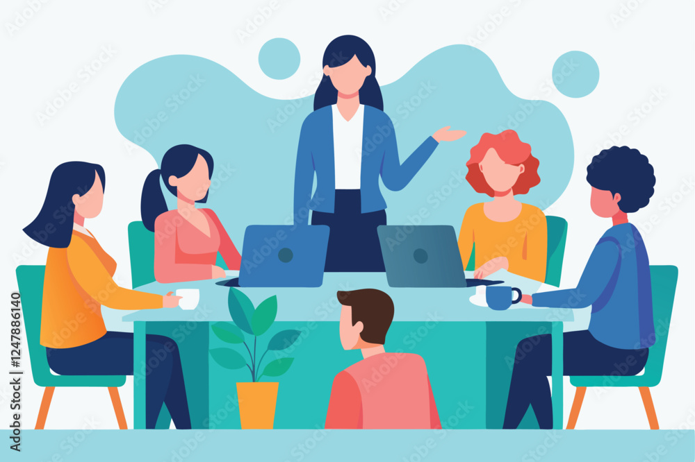 Business team working together in an office vector illustation Business team working together in an office vector illustation