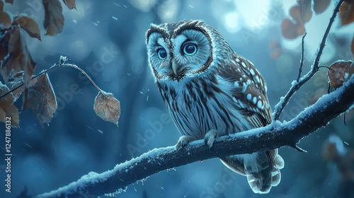 Majestic owl perched on snow-covered branch in winter forest.