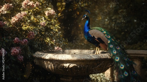Majestic peacock in a tranquil garden setting.