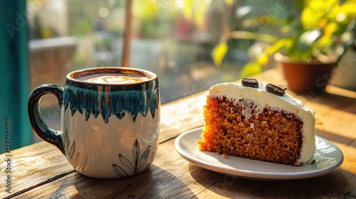 Coffee and cake on wooden table in sunlight. (1)