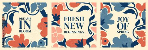 Floral square frames with spring themes. Abstract nature hand-drawn elements and copy space for text. Modern designs for social media posts, invitations, inspiration posters or greetings