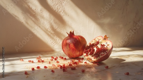 Sunlit pomegranates on marble surface.