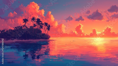 Vibrant sunset over tropical island reflecting on calm ocean.