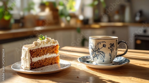 Carrot cake slice and coffee on kitchen table.