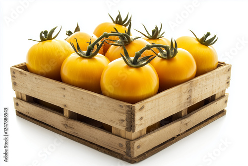 Selective focus yellow and ripe tomatoes in wooden crate isolated on white background, Fresh harvest sweet tomato in wooden box.
