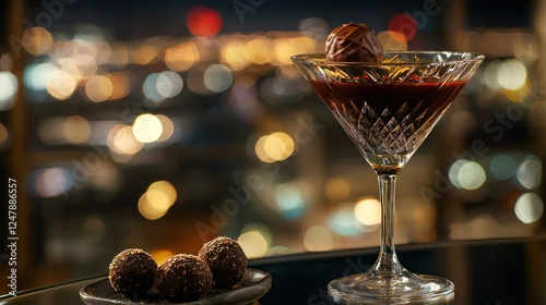 Cocktail with chocolate truffles at night.