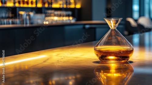 Whiskey decanter on bar counter.