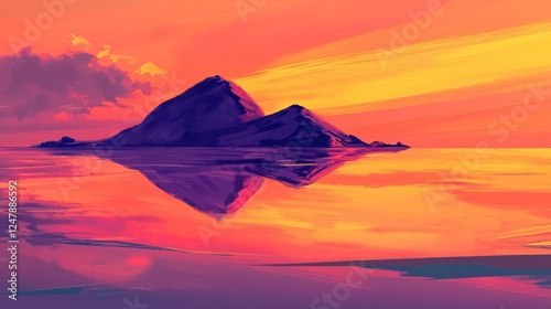 Vibrant sunset over calm ocean reflecting twin islands.