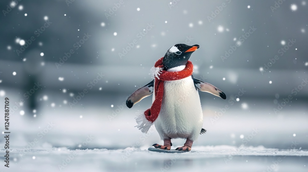 Penguin ice skating adorned with a festive scarf Penguin ice skating adorned with a festive scarf