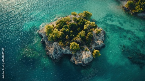 Aerial view of a small, lush island in turquoise water.