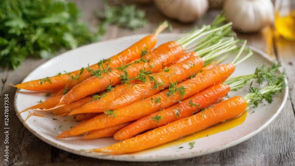 Bright orange cooked carrots on a white plate with herbs and spices, garlic cloves, and parsley. Fresh and appetizing setting. Bright orange cooked carrots on a white plate with herbs and spices, garlic cloves, and parsley. Fresh and appetizing setting.