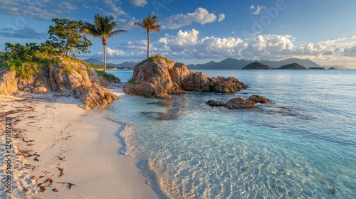 Secluded tropical beach at sunrise, clear water, palm trees, rocks.