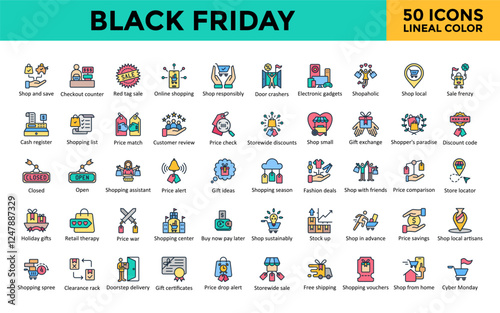 Black Friday icon set with shop and save, checkout counter, red tag sale, online shopping, shop responsibly, door crashers, electronic gadgets, shopaholic icon. Simple lineal color vector 
