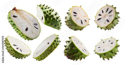 Fresh Green Soursop Fruit Sliced on White Background for Health Benefits, isolated on transparent background