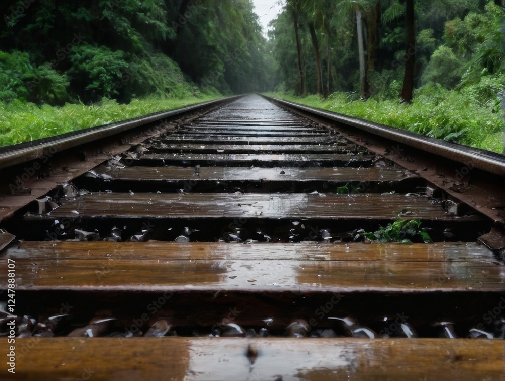 Rainy forest railway track with wooden planks covered in water droplets, surrounded by lush greenery under a gloomy sky. Rainy forest railway track with wooden planks covered in water droplets, surrounded by lush greenery under a gloomy sky.