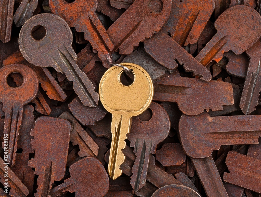 A collection of rusty keys with one shiny gold key prominently displayed among them, showcasing contrast and variety. A collection of rusty keys with one shiny gold key prominently displayed among them, showcasing contrast and variety.