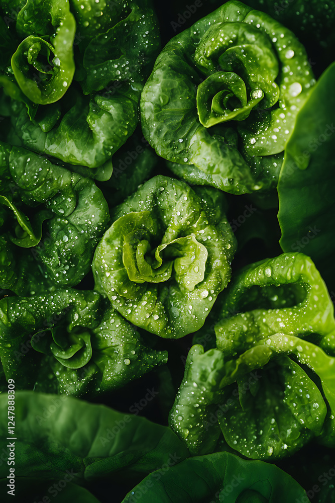 Fototapeta premium Fresh, vibrant green lettuce leaves glistening with droplets of water, showcasing their crisp texture and natural beauty. Ideal for healthy eating and organic food themes.