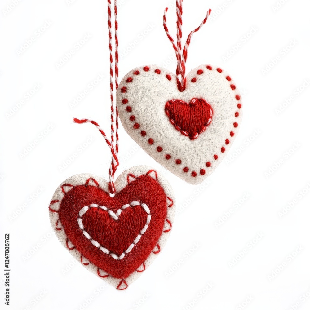 A love-themed hanging ornament with red and white embroidered hearts A love-themed hanging ornament with red and white embroidered hearts