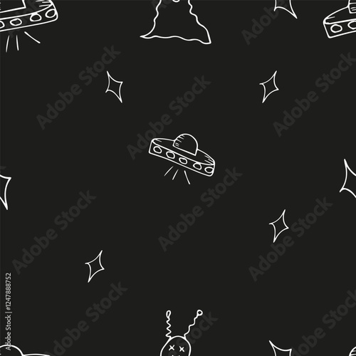 Cute seamless pattern with aliens, and stars for the design of children's items. Vector black and white doodle illustration