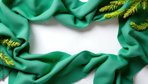 Green Fabric Frame with Green Leaves on White Background