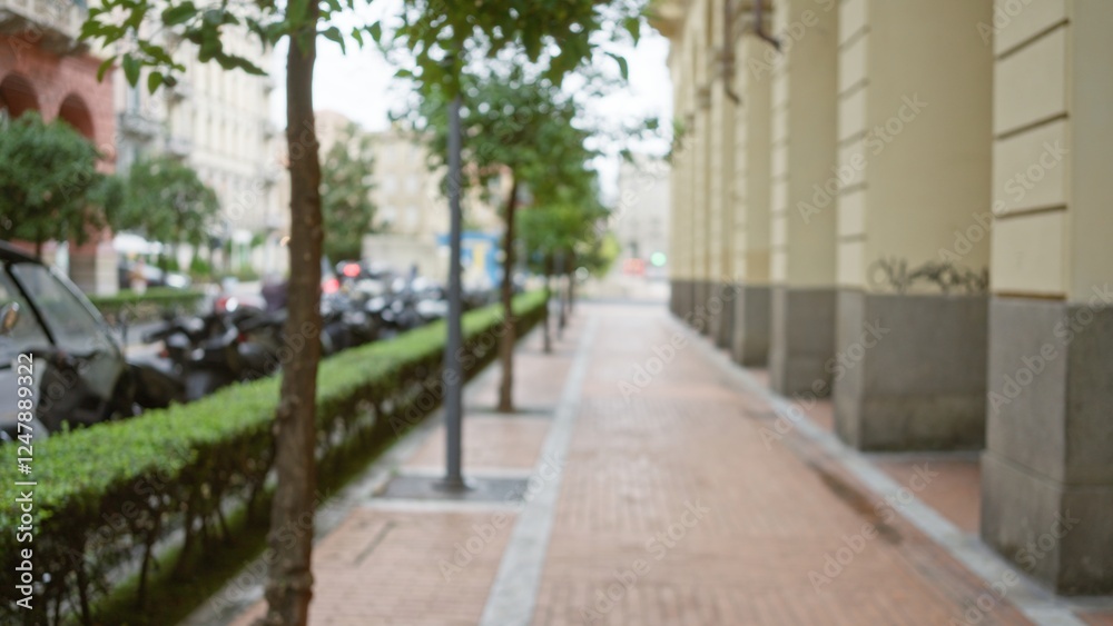 Blurred street scene in la spezia, italy features defocused urban environment with trees and architecture, creating a serene, european town atmosphere with a focus on textures. Blurred street scene in la spezia, italy features defocused urban environment with trees and architecture, creating a serene, european town atmosphere with a focus on textures.