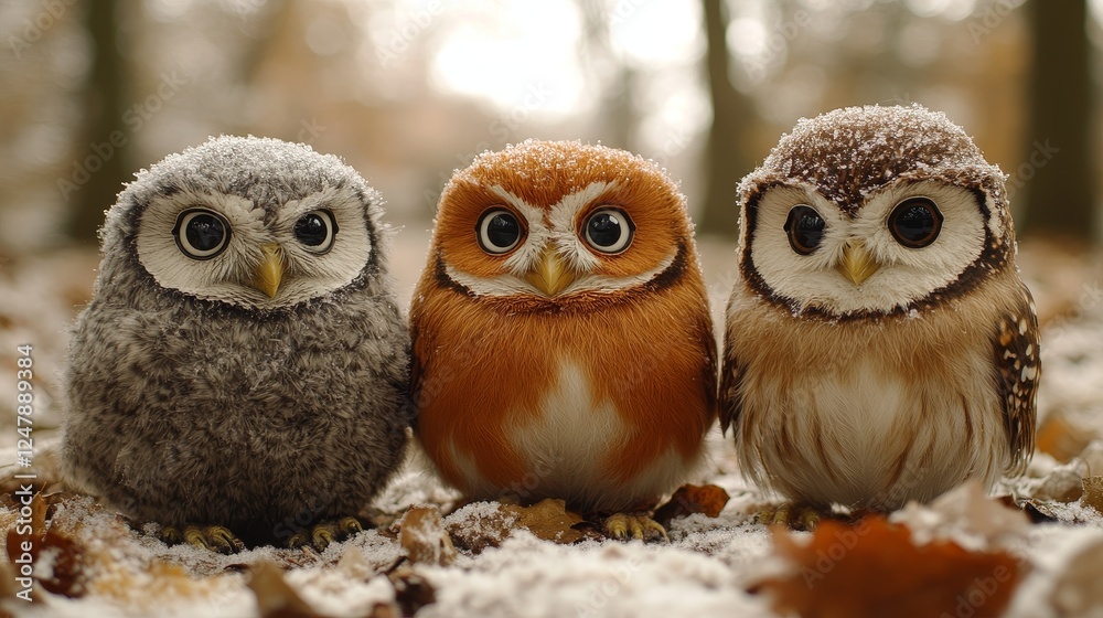 Obraz premium Adorable Trio of Knitted Owls Winter Wonderland Scene Wildlife Photography